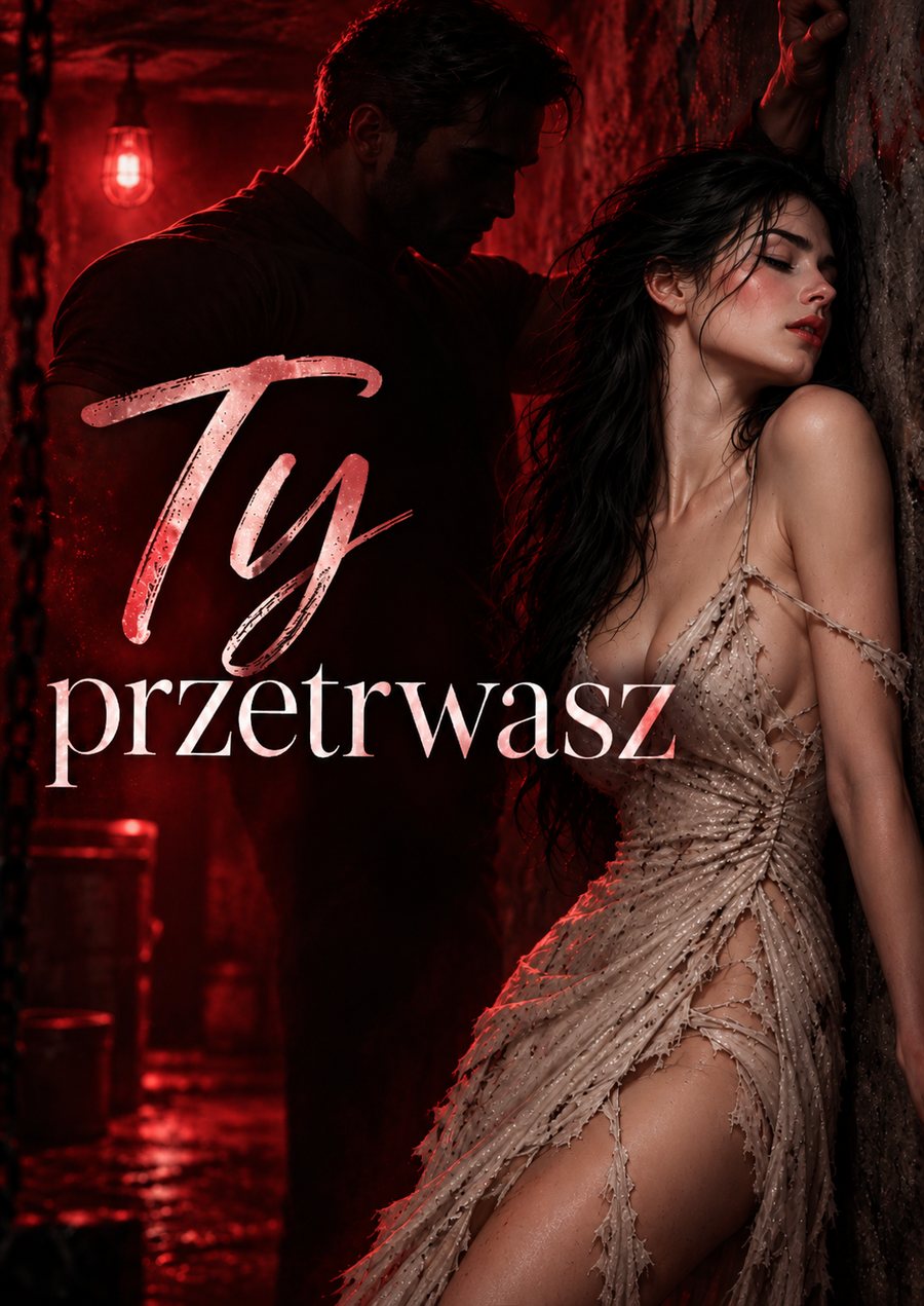 Ilustracja do Ty przetrwasz: mężczyzna w cieniu i kobieta oparta o ścianę w czerwonym świetle